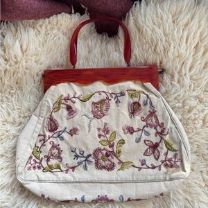 Vintage 1930s Bakelite and Linen Crewel Embroidered Cream Floral Top-Handle Bag